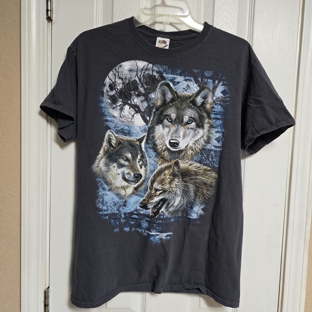 Y2K Fruit Of The Loom Wolfpack‎ Full Moon Graphic Gray T-Shirt Size Medium